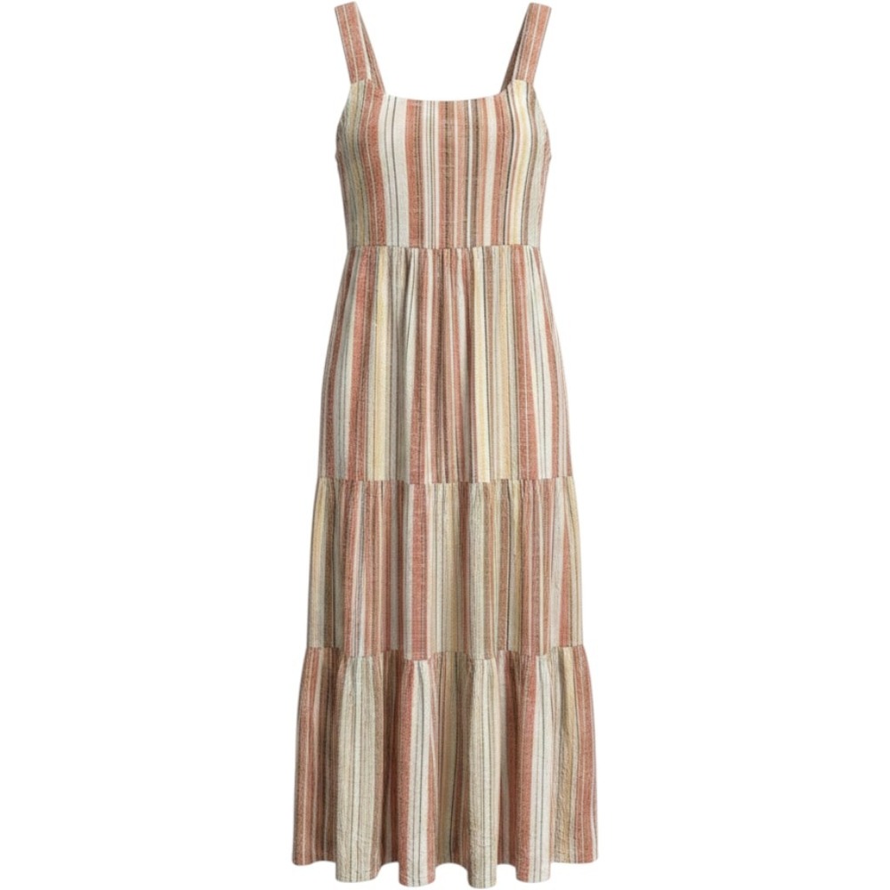 Linda Anderson Striped Tiered Midi Dress Rust Mustard Small Smocked Back Boho